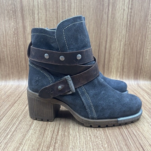 Fly London Shoes - Fly London Lok Suede Ankle Boots Blue Women Size 37 Buckle Strap Block Heel Moto